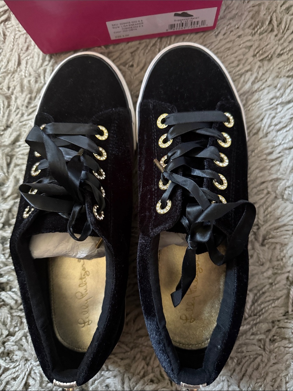 EUC Lilly Pulitzer Black Velvet  Sneakers with Gold Eyelets Size 9.5